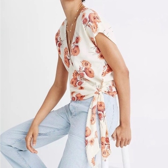 Madewell Cream Orange Sash Tie Wrap Top Dutch Dandelion Print - Picture 2 of 9